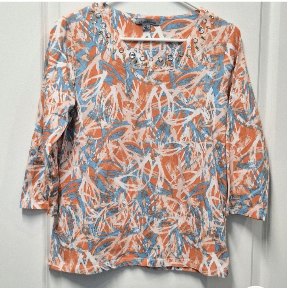 Jason Maxwell Medium Coral Aqua Abstract Embellished 3/4 Sleeve Top